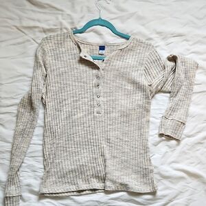 Beige Ribbed Henley Long Sleeve Top